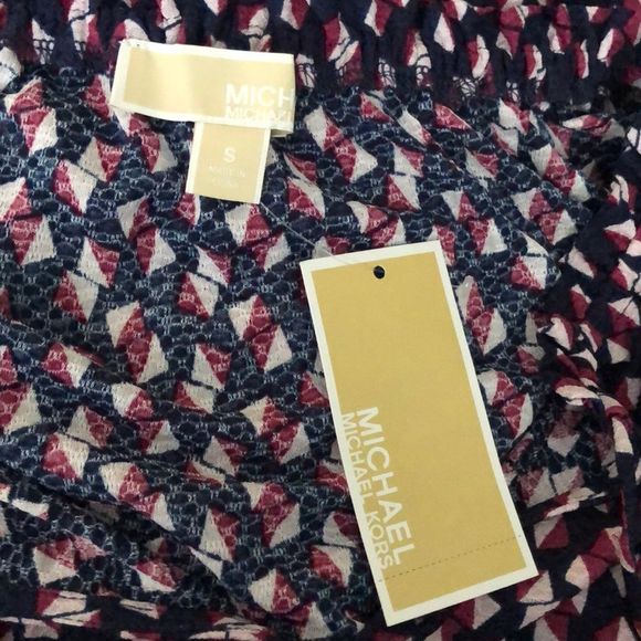 Michael Kors Tie Neck Long Sleeve Ruffle Cuff  Geometric Print Top Blouse NWT - Picture 7 of 11